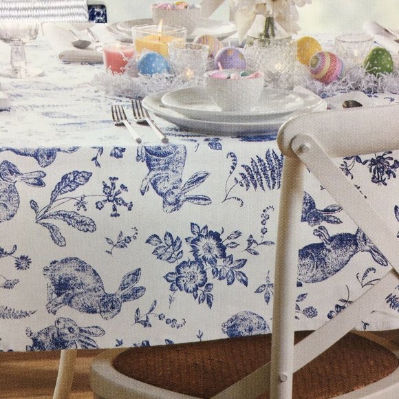 Rachel Ashwell Easter Blue Bunny Rabbit Toile 70” R Tablecloth Cloth Farmhouse - Picture 3 of 11